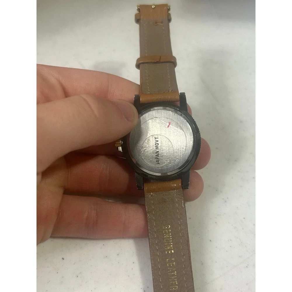 Enchanter Field Watch Black Dial Japan Quartz Tan Leather‎ Strap Compass Bezel